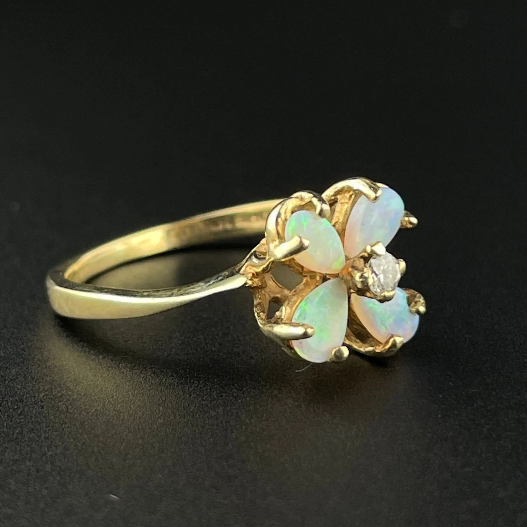 10K Gold Diamond Opal Flower Ring, Sz 6 3/4