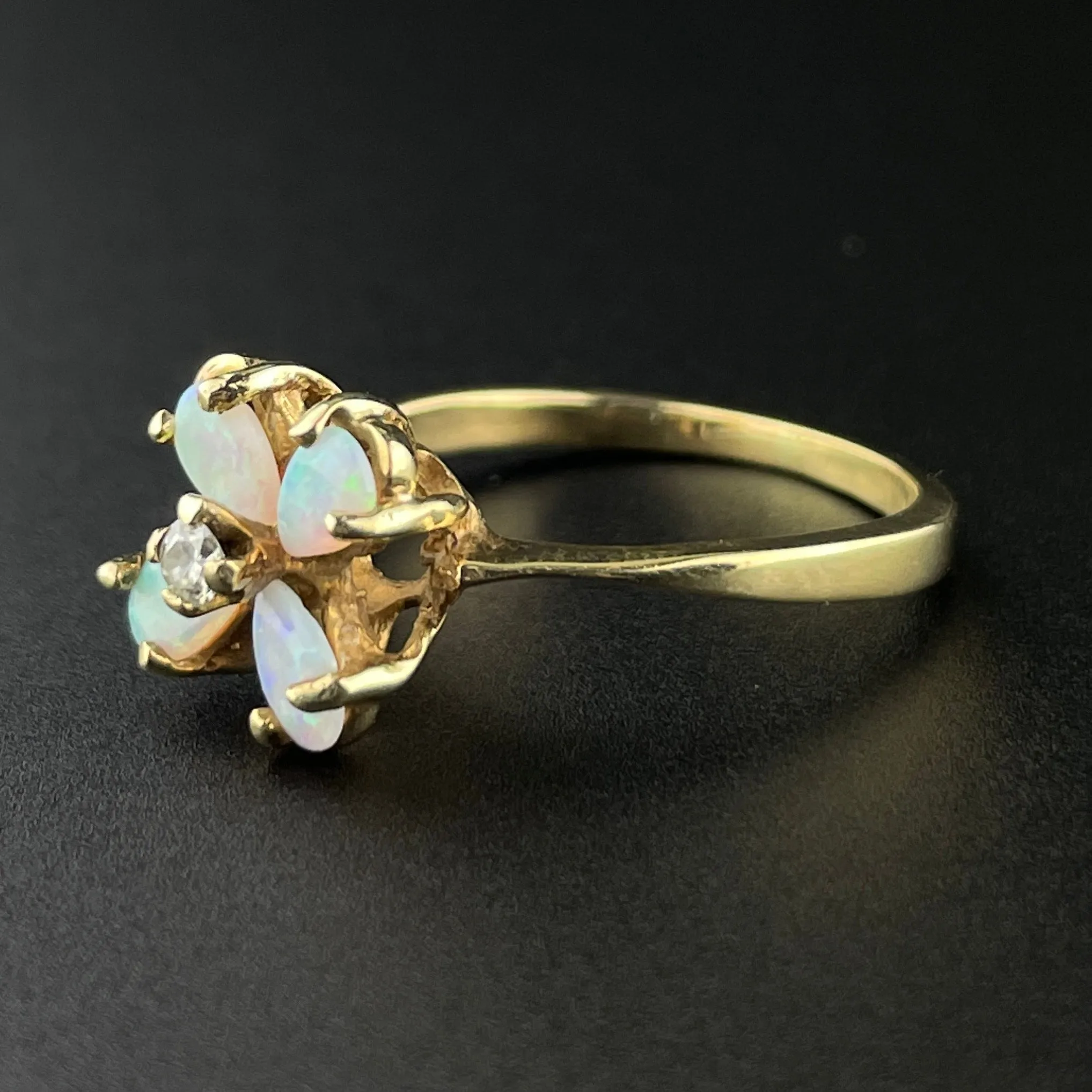 10K Gold Diamond Opal Flower Ring, Sz 6 3/4