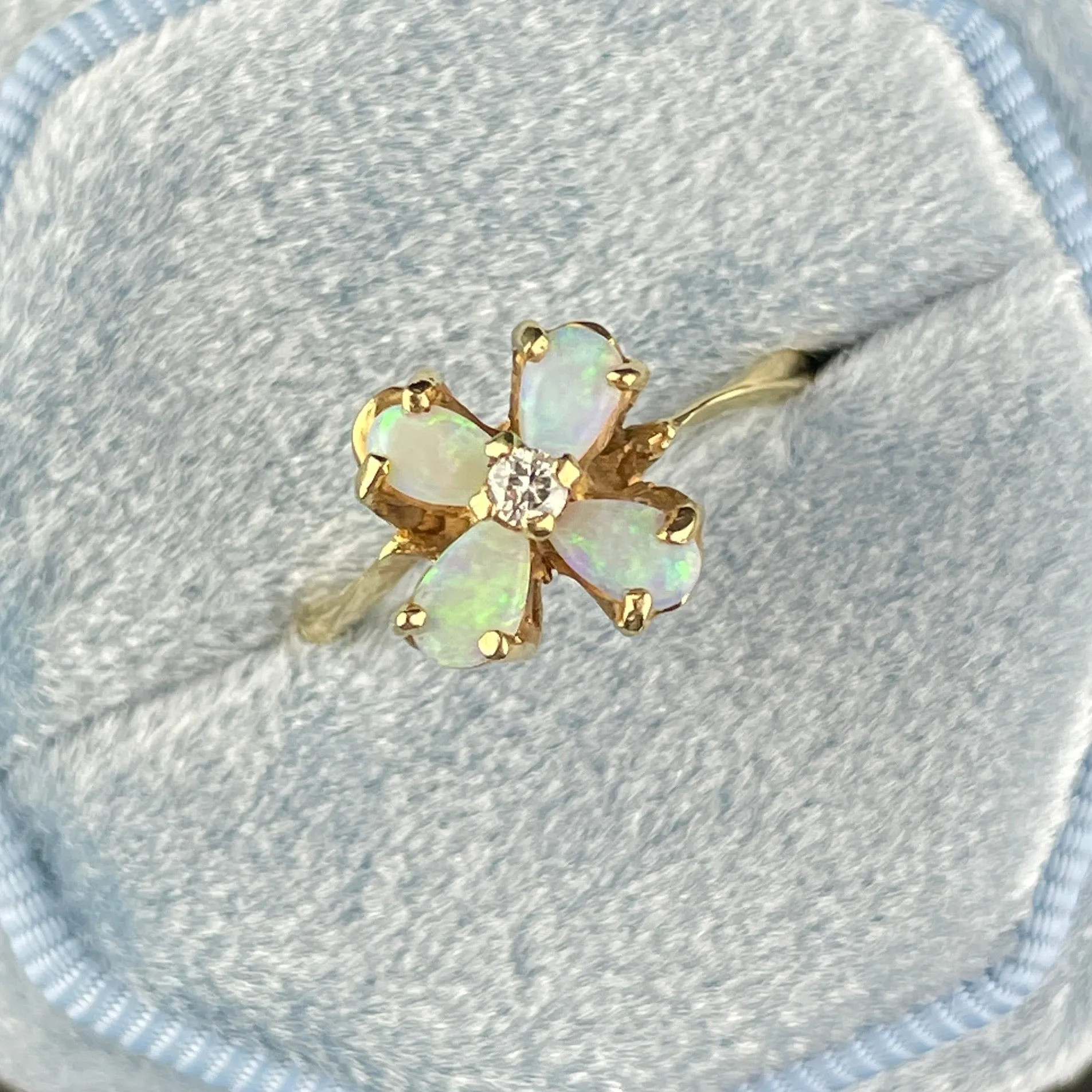 10K Gold Diamond Opal Flower Ring, Sz 6 3/4