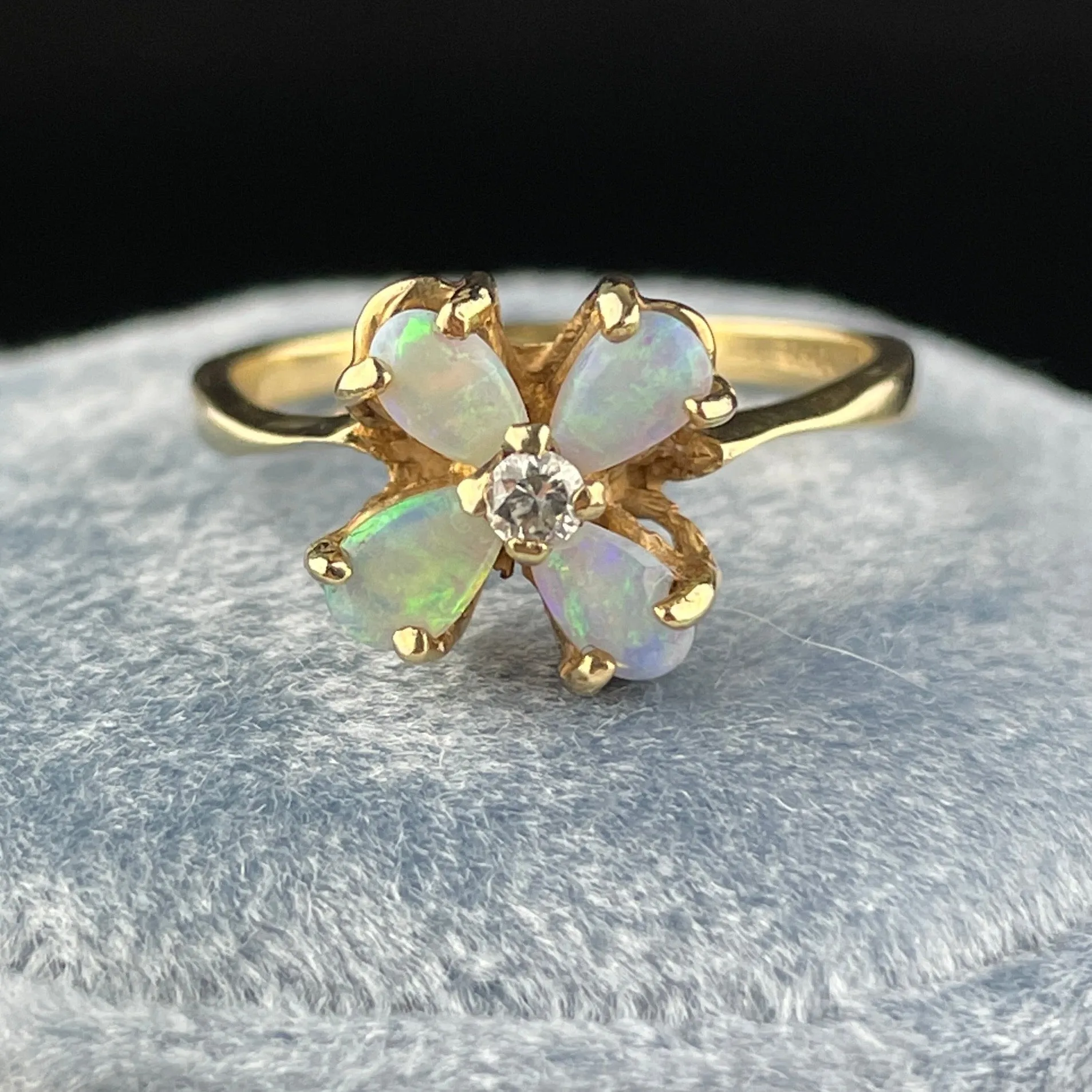 10K Gold Diamond Opal Flower Ring, Sz 6 3/4