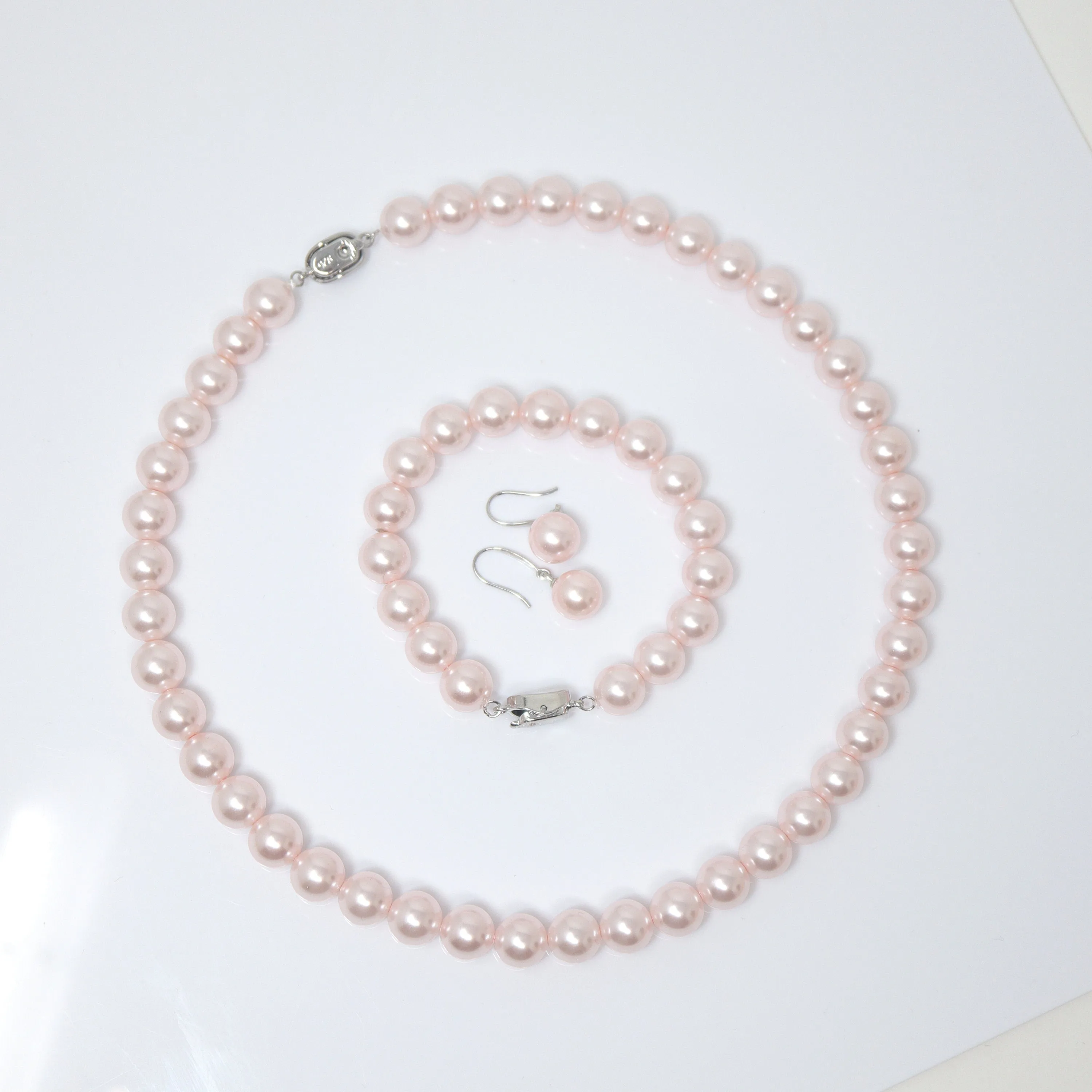 10mm Light Pink Faux Pearl Necklace Earring And Bracelet Set, Bridal Jewelry, Bridal Earrings And Necklace, Statement Earrings Necklace Set.