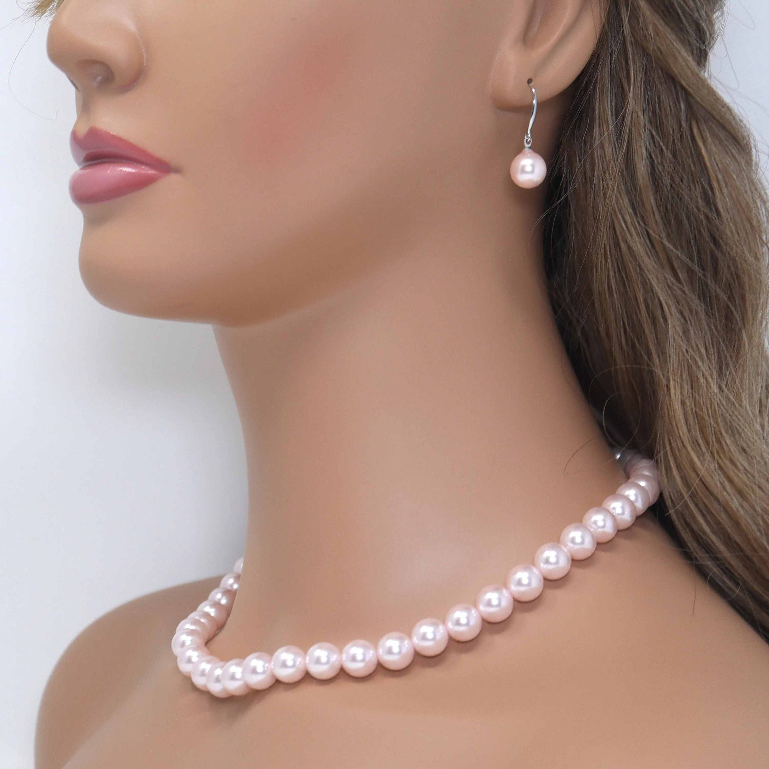 10mm Light Pink Faux Pearl Necklace Earring And Bracelet Set, Bridal Jewelry, Bridal Earrings And Necklace, Statement Earrings Necklace Set.