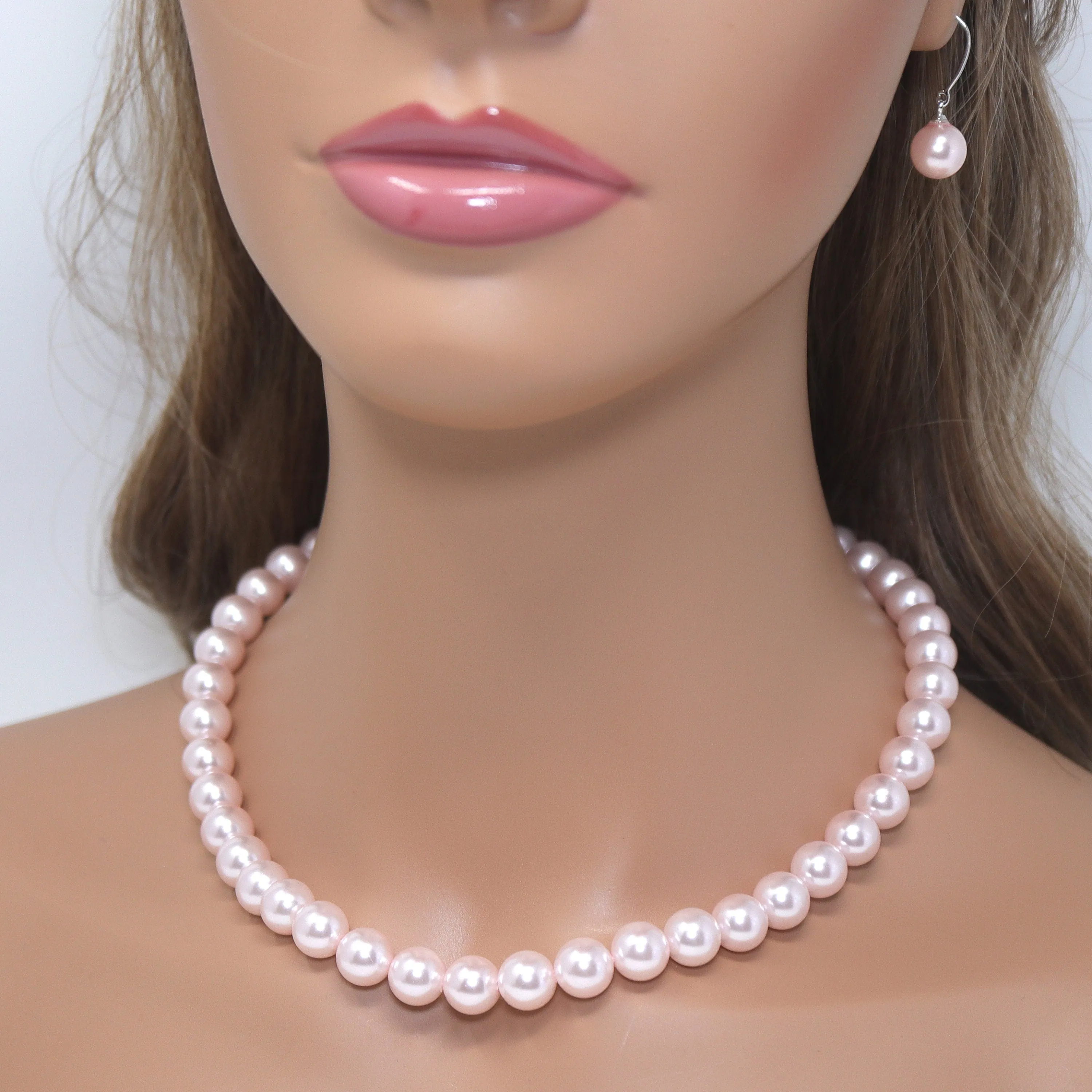 10mm Light Pink Faux Pearl Necklace Earring And Bracelet Set, Bridal Jewelry, Bridal Earrings And Necklace, Statement Earrings Necklace Set.