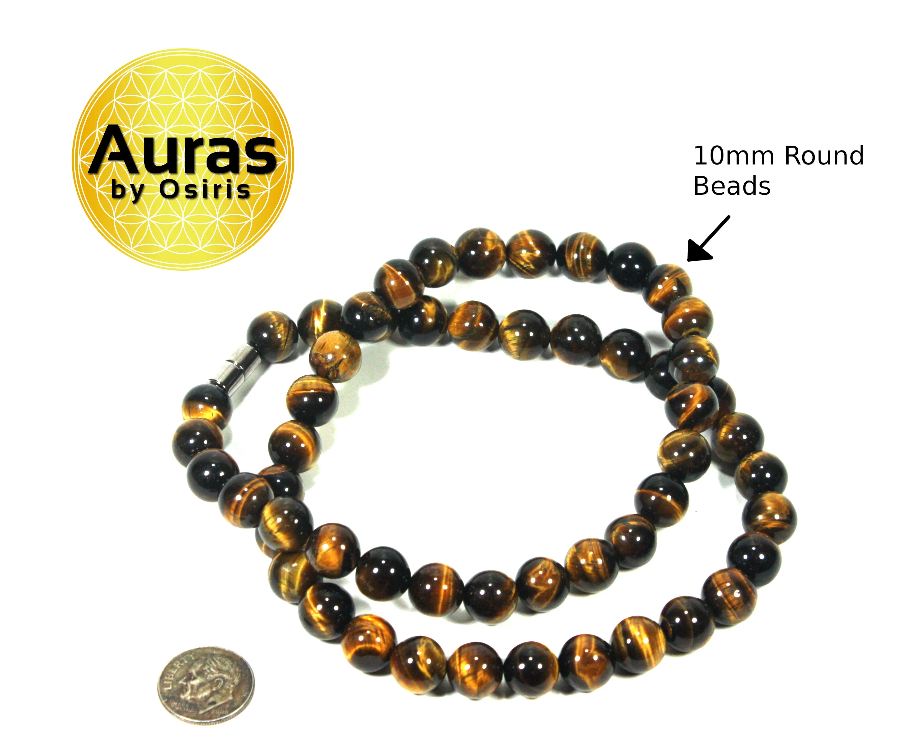 10mm Tigers Eye Beaded Necklace for Men/Women - Magnetic Clasp Necklace