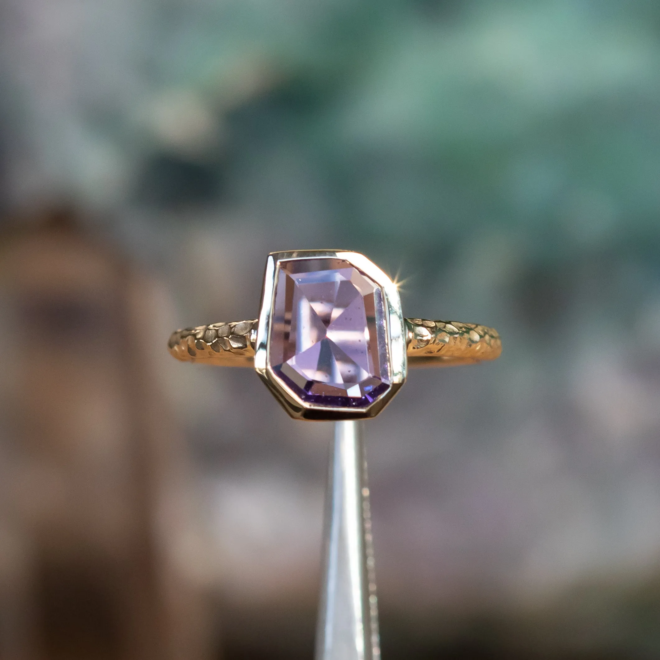 1.14ct Geo Slice Purple Sapphire Evergreen Low Profile Bezel Solitaire Ring in 14k Yellow Gold