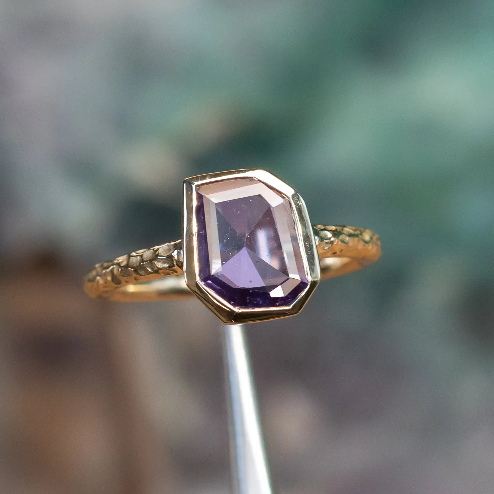 1.14ct Geo Slice Purple Sapphire Evergreen Low Profile Bezel Solitaire Ring in 14k Yellow Gold