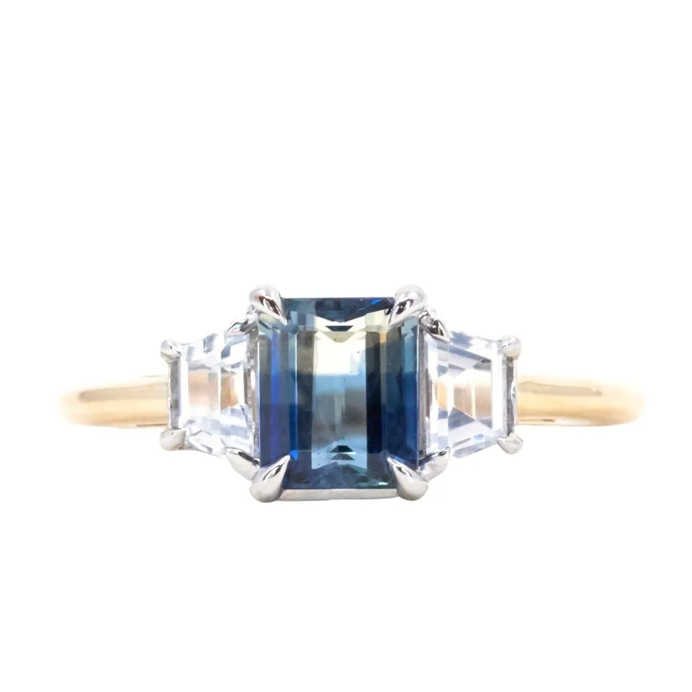 1.28ct Emerald cut Tanzanian Ombre Sapphire and Cadillac cut White Sapphire Low Profile Three Stone Ring in Platinum and 14k Yellow Gold