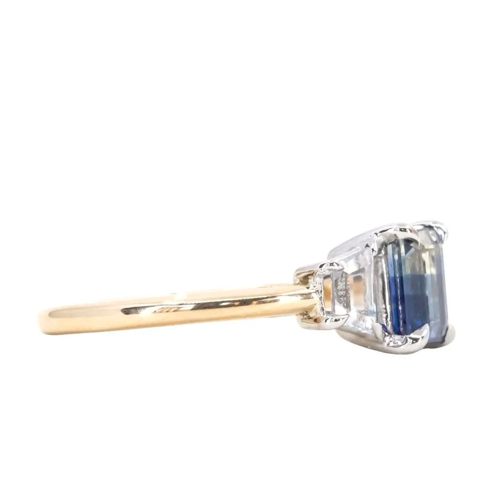 1.28ct Emerald cut Tanzanian Ombre Sapphire and Cadillac cut White Sapphire Low Profile Three Stone Ring in Platinum and 14k Yellow Gold