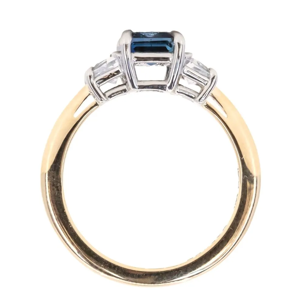 1.28ct Emerald cut Tanzanian Ombre Sapphire and Cadillac cut White Sapphire Low Profile Three Stone Ring in Platinum and 14k Yellow Gold