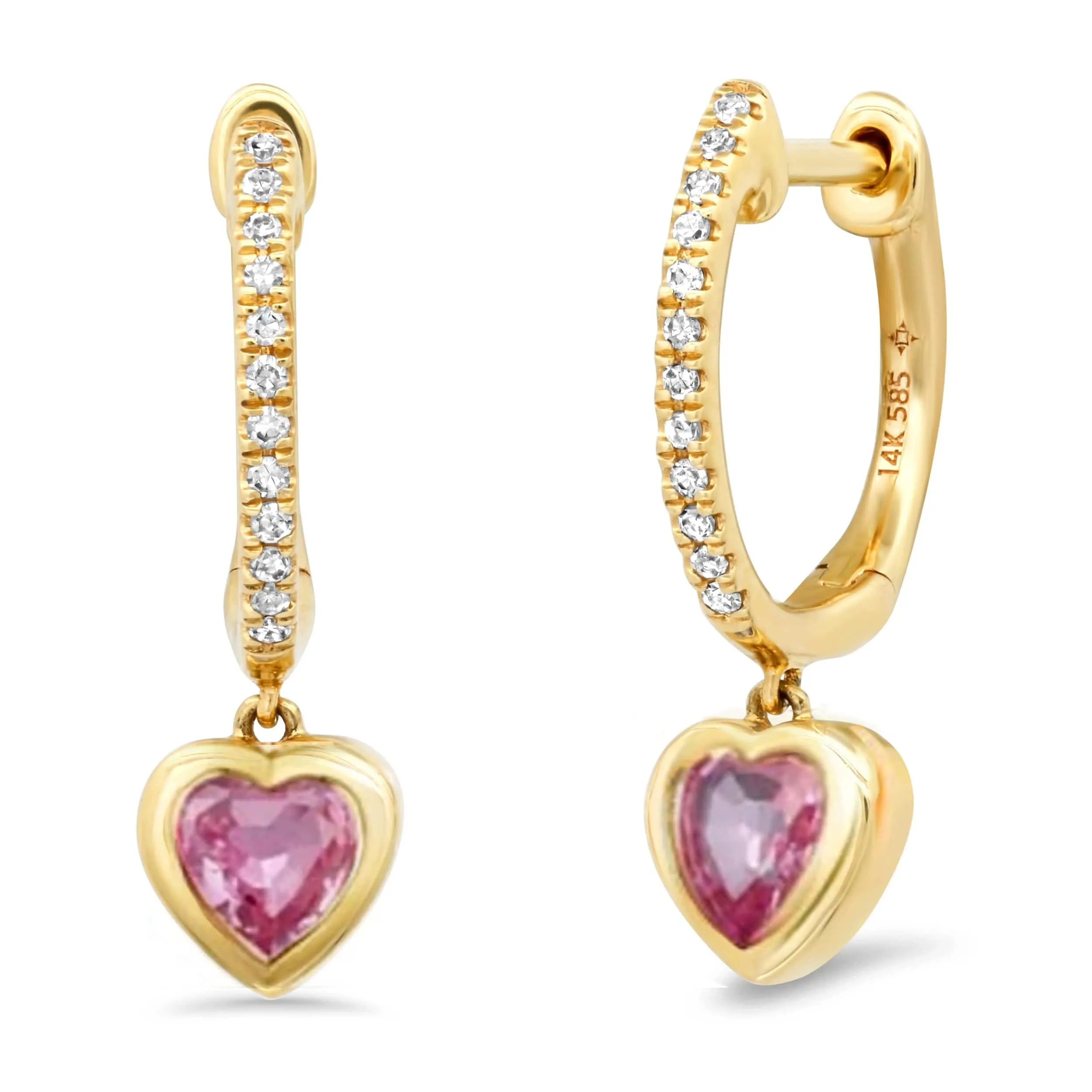 14K Gold and Diamond Pink Sapphire Heart Drop Hoops Earrings