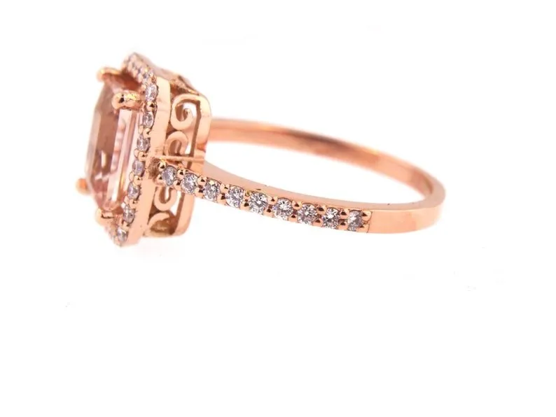 14K Gold Diamond Halo with 2 Carat Cushion Cut Morganite Engagement Ring