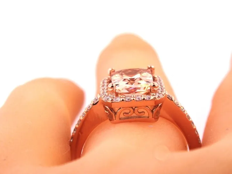 14K Gold Diamond Halo with 2 Carat Cushion Cut Morganite Engagement Ring