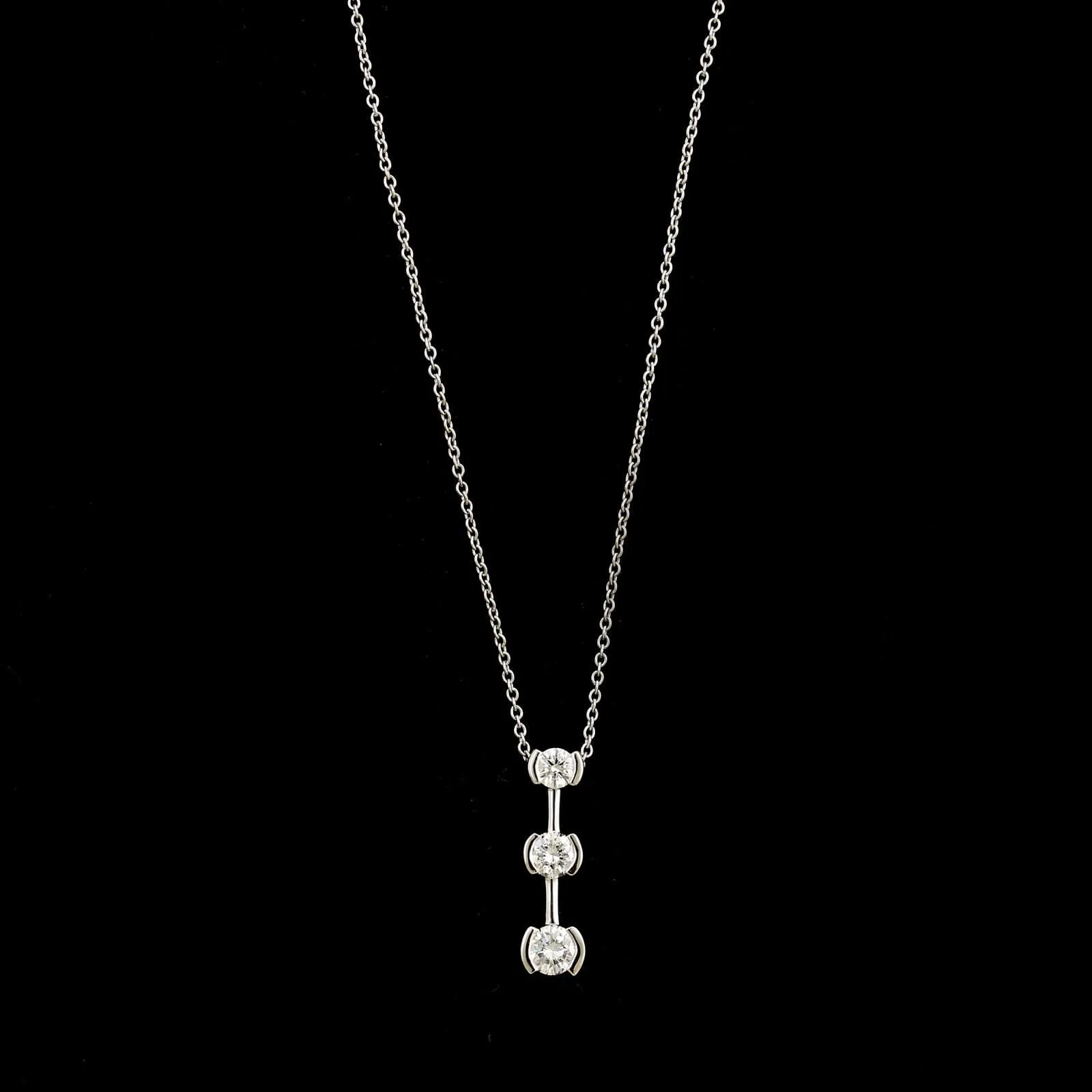 14K White Gold Estate Diamond Three Stone Pendant Necklace