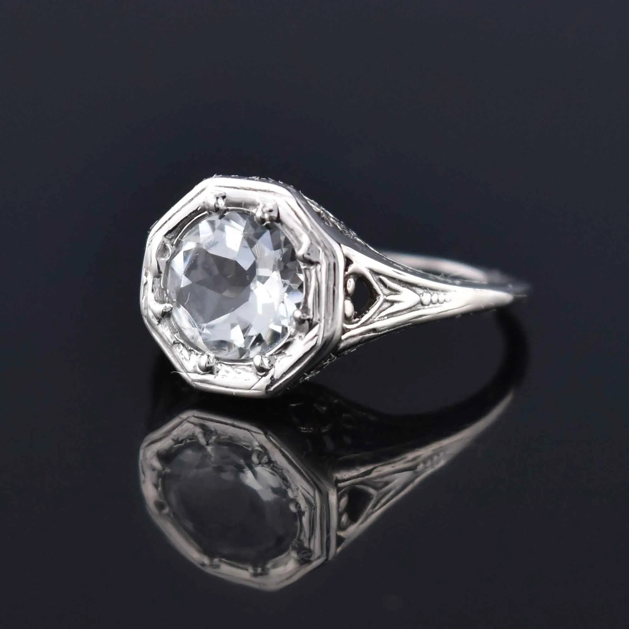 14K White Gold Filigree Aquamarine Ring