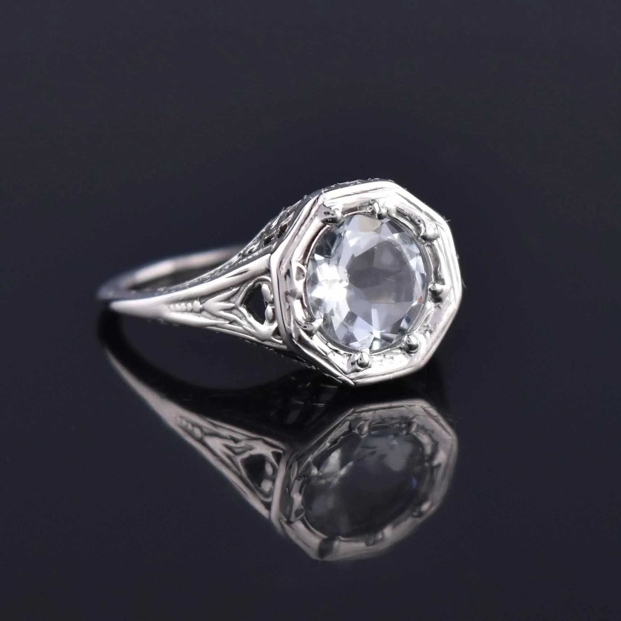 14K White Gold Filigree Aquamarine Ring