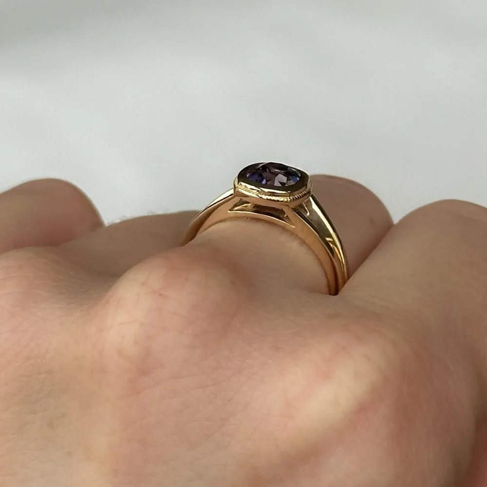 1.50ct Bicolor Purple Cushion Cut Sapphire Split Shank Bezel Ring with Milgrain in 14k Yellow Gold