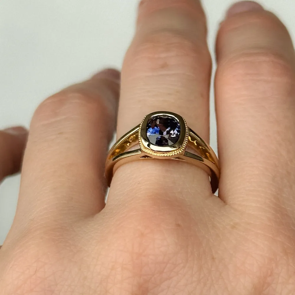 1.50ct Bicolor Purple Cushion Cut Sapphire Split Shank Bezel Ring with Milgrain in 14k Yellow Gold