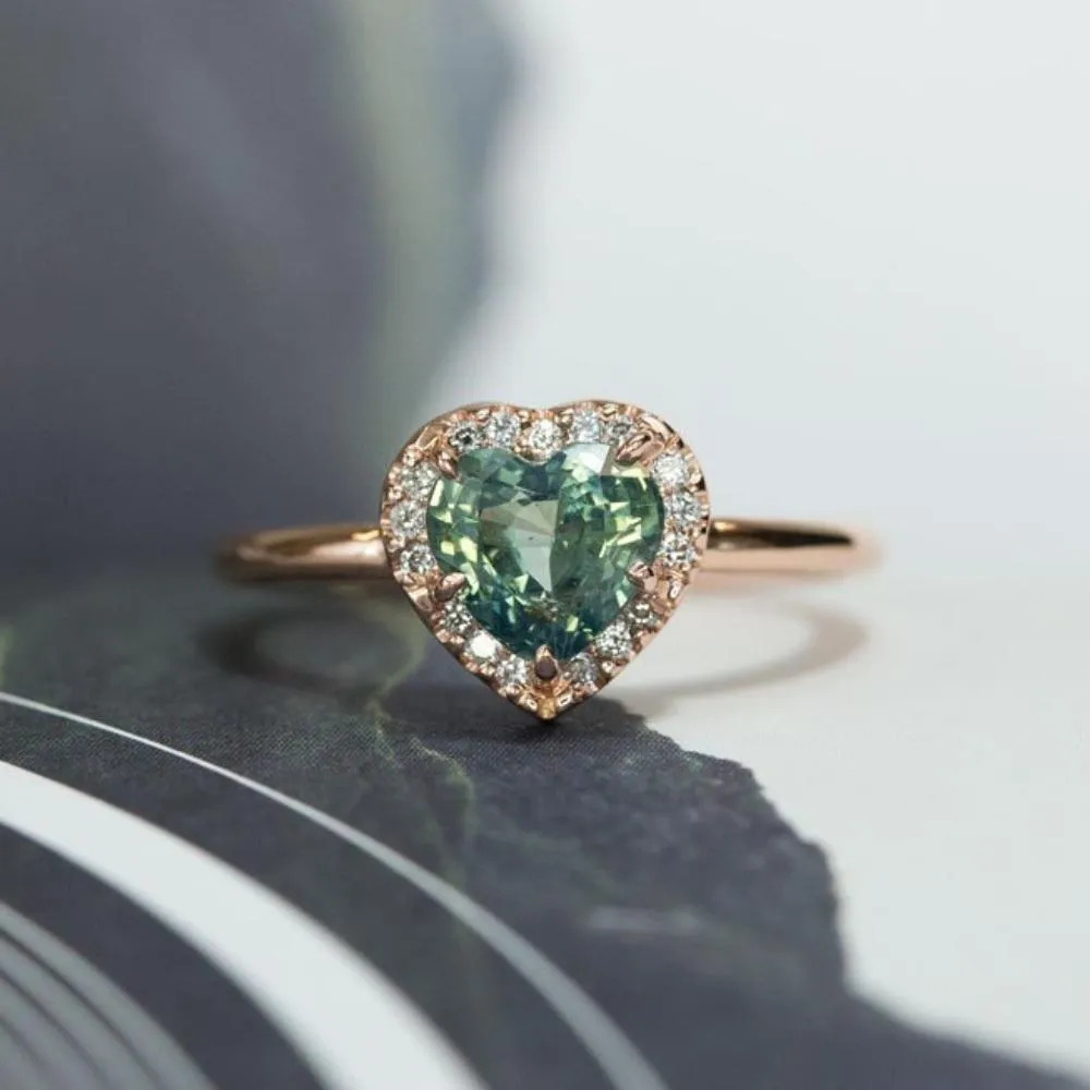 1.66ct Teal Heart Sapphire in Rose Gold Low Profile Diamond Halo by Anueva Jewelry