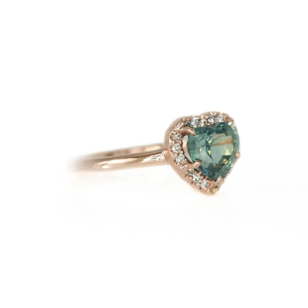 1.66ct Teal Heart Sapphire in Rose Gold Low Profile Diamond Halo by Anueva Jewelry