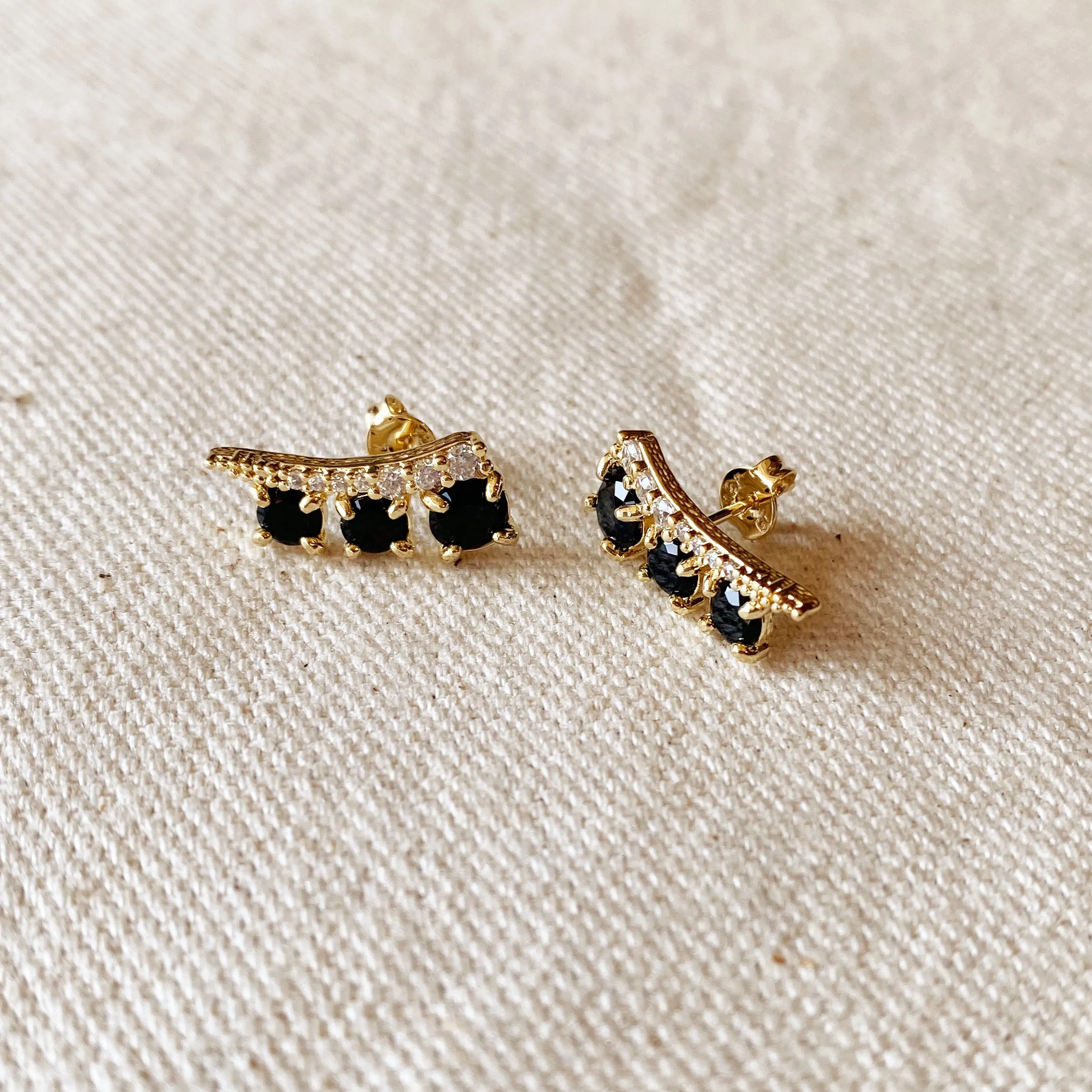 18k Gold Filled Triple Stone Black Ear Climber Earrings