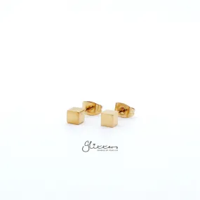 18K Gold IP Stainless Steel Cube Stud Earrings-3mm | 4mm