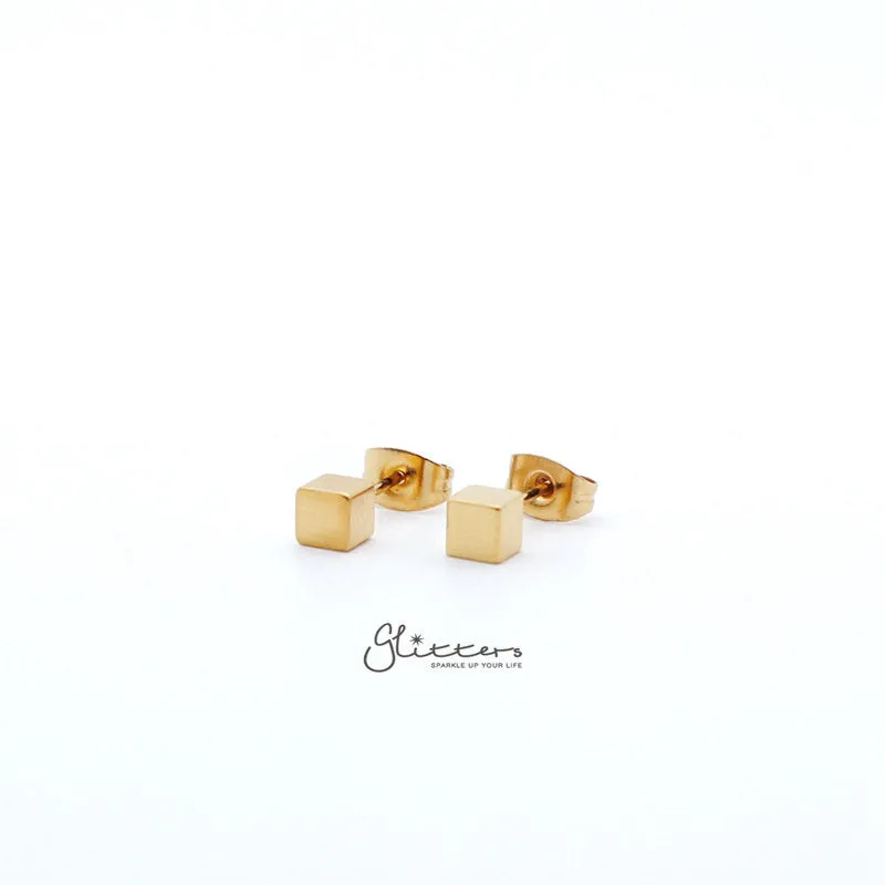 18K Gold IP Stainless Steel Cube Stud Earrings-3mm | 4mm