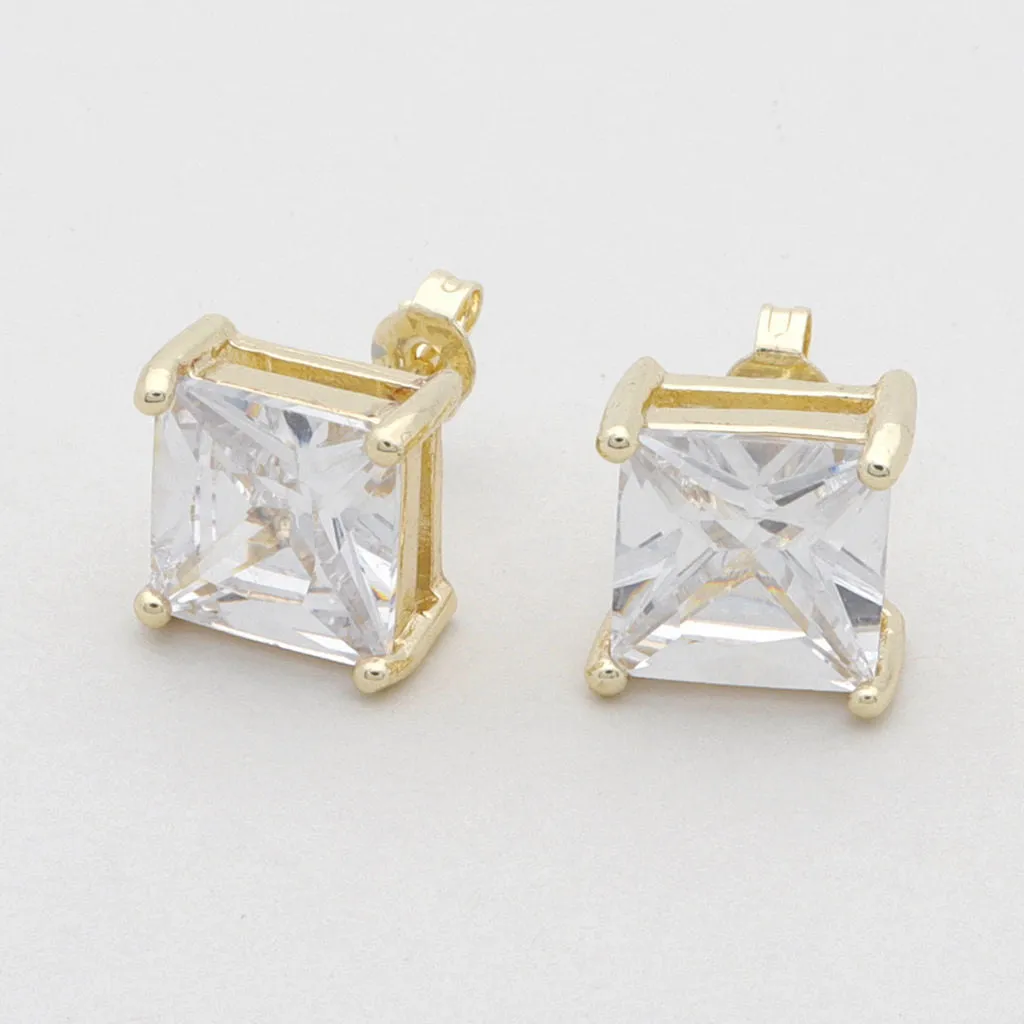 18k Gold Plated Clear Square C.Z Studs Earrings