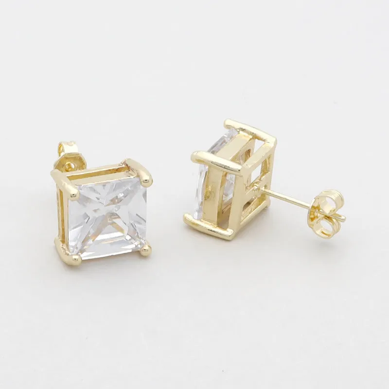 18k Gold Plated Clear Square C.Z Studs Earrings