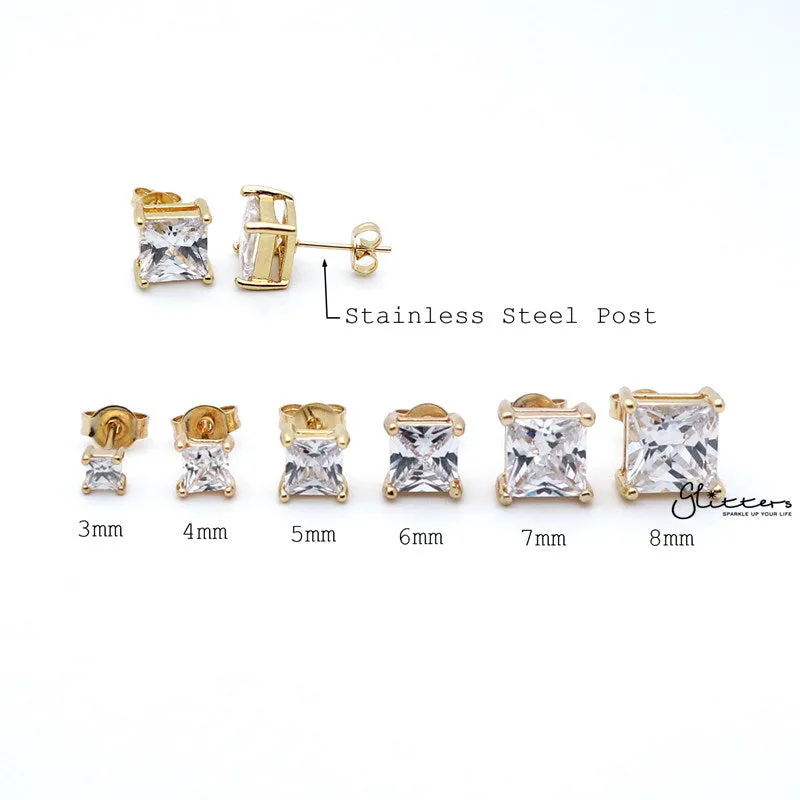 18k Gold Plated Clear Square C.Z Studs Earrings