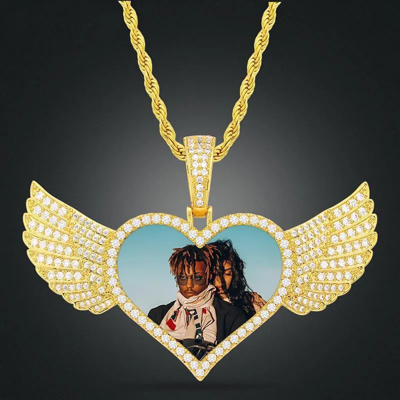 18K Gold Plated Custom Angel Wing Necklace- Custom Heart Necklace