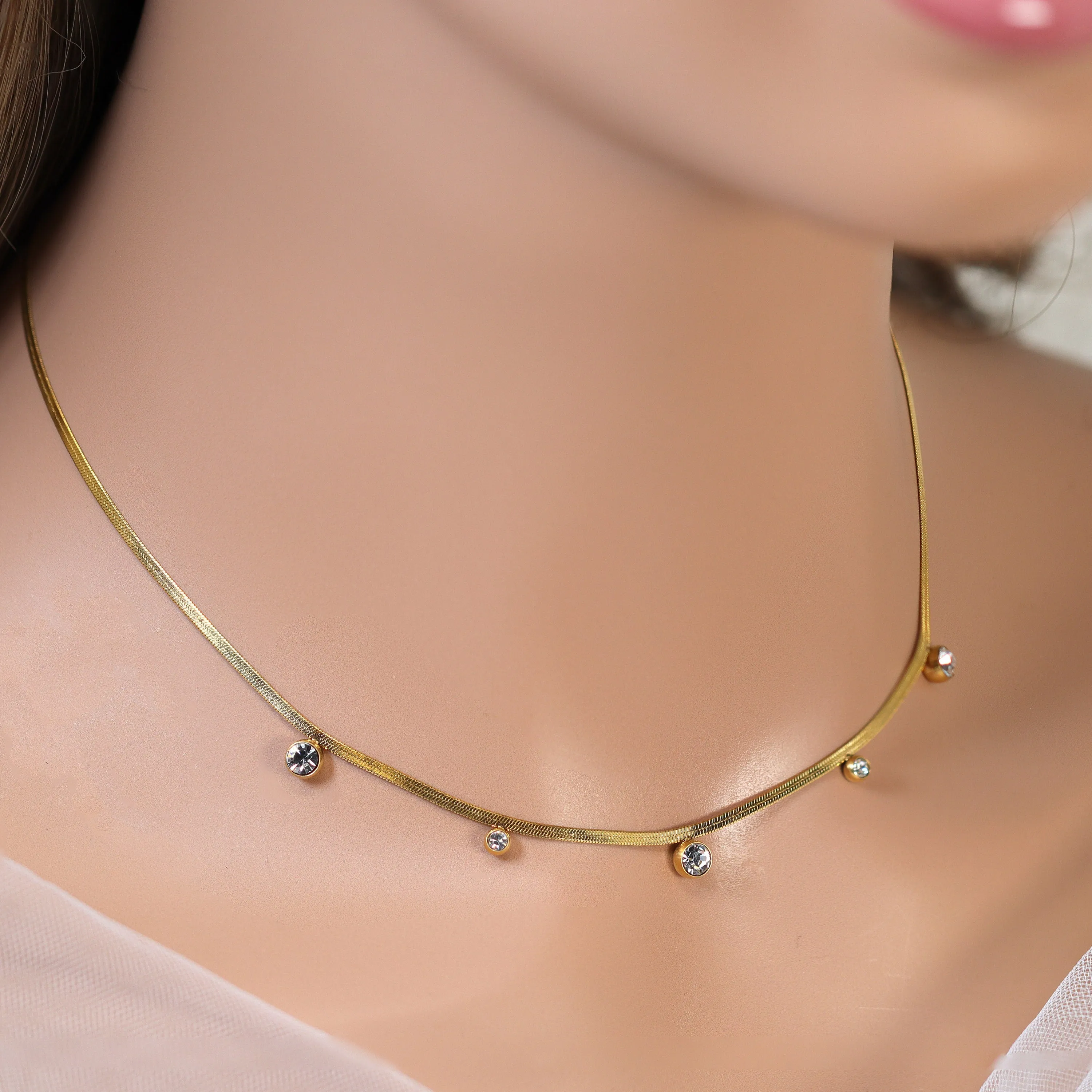 18k Gold Plated Swarovski Crystal Dainty Snake Chain Choker Necklace  Snake Chain Necklace  Minimalist  14k Dainty Gold Necklace