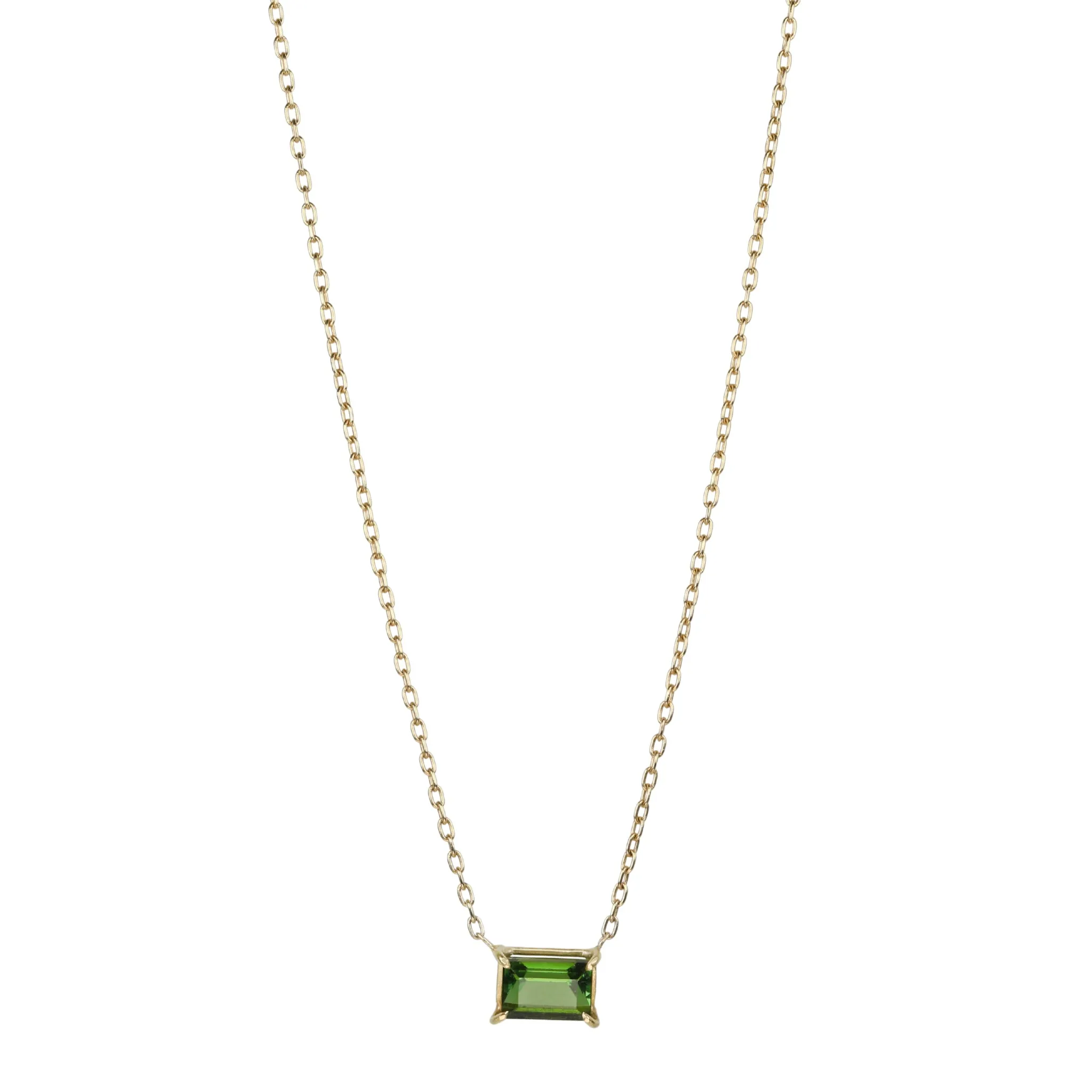 18K Gold Prong-Set Mini Emerald-Cut Green Tourmaline Necklace