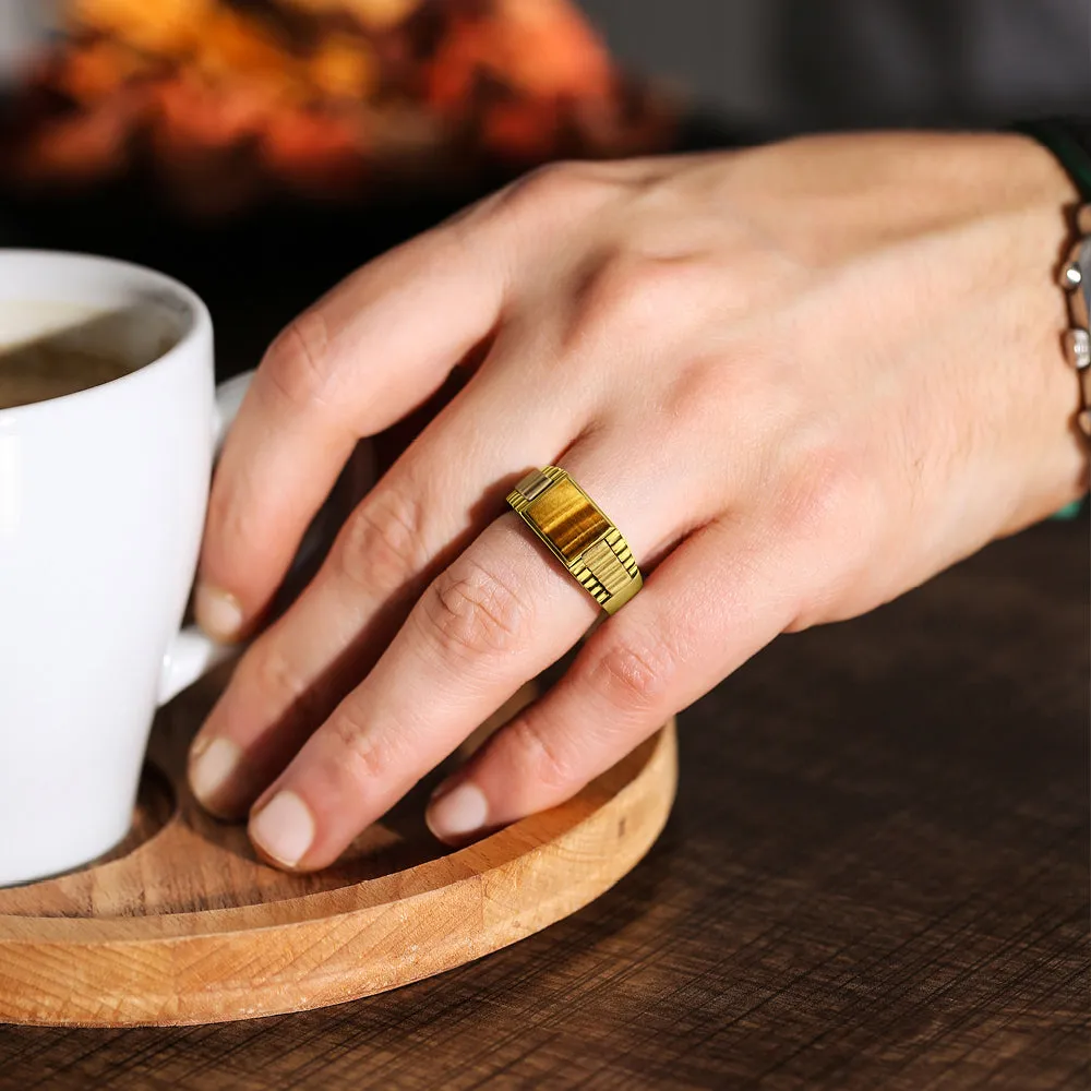 18K Solid Yellow Gold Wedding Engagement Ring Band Tiger's Eye Stone Jewelry