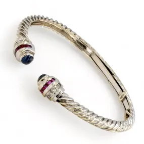 18K White gold solid twist bangle natural sapphire and ruby gemstone and diamonds-10266