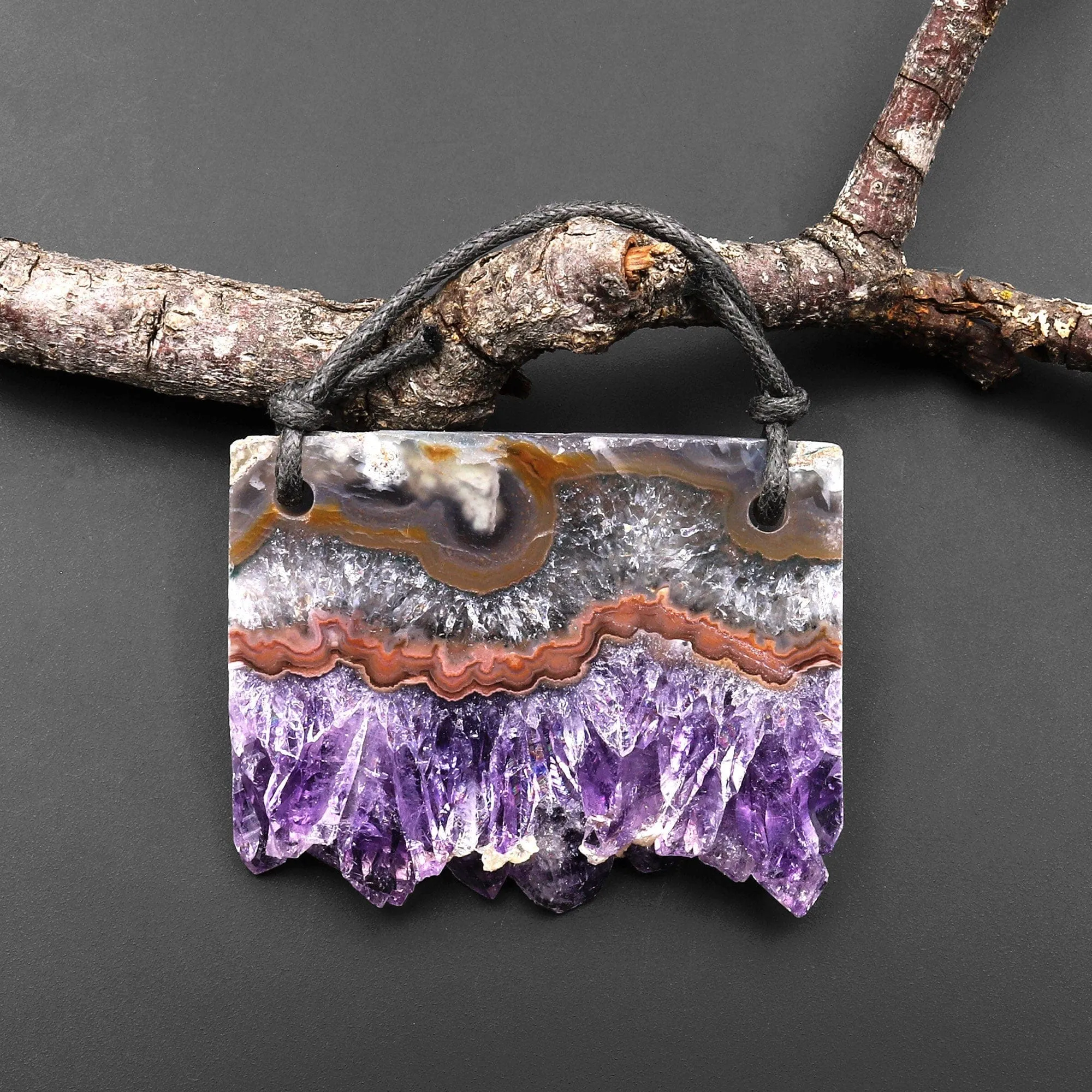 2 Hole Pendant Natural Amethyst Stalactite Druzy Pendant Drilled Flat Slice Long Rectangle A2