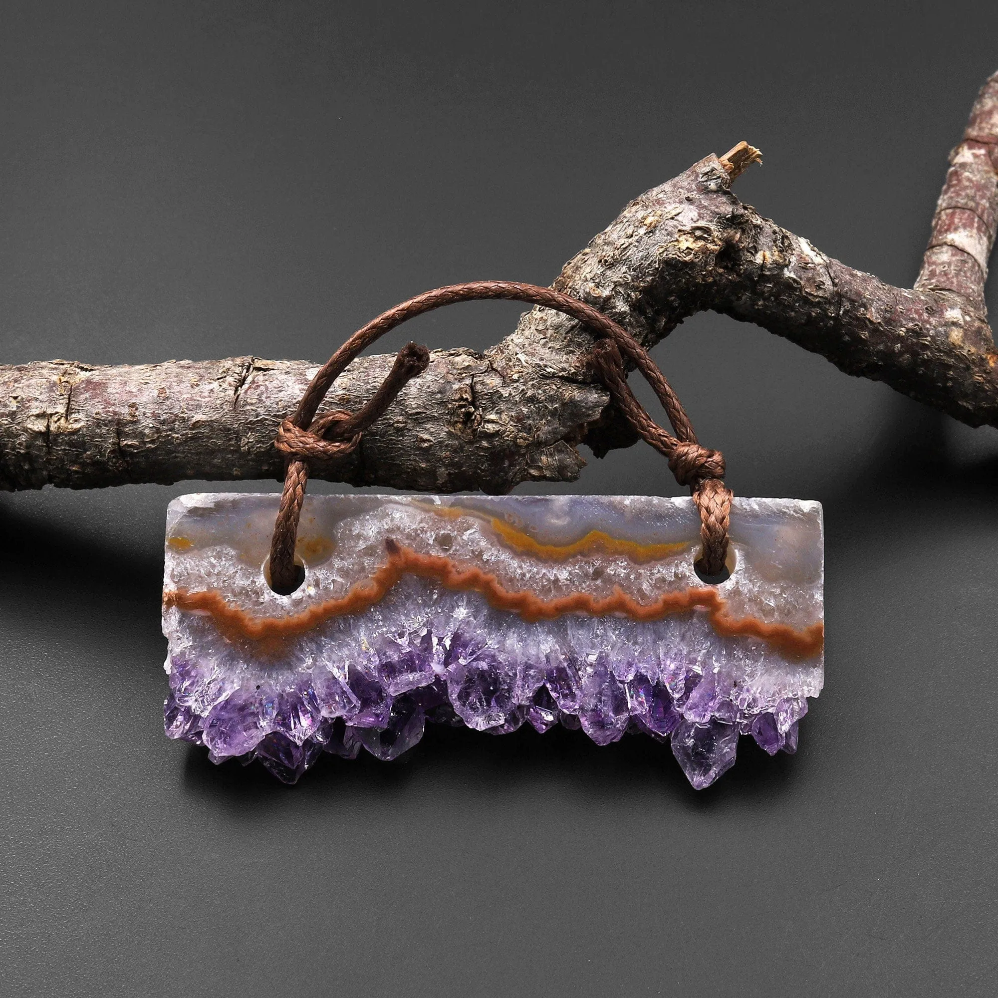 2 Hole Pendant Natural Bright Orange Purple Amethyst Crystal Stalactite Druzy Pendant Drilled Flat Long Rectangle A1