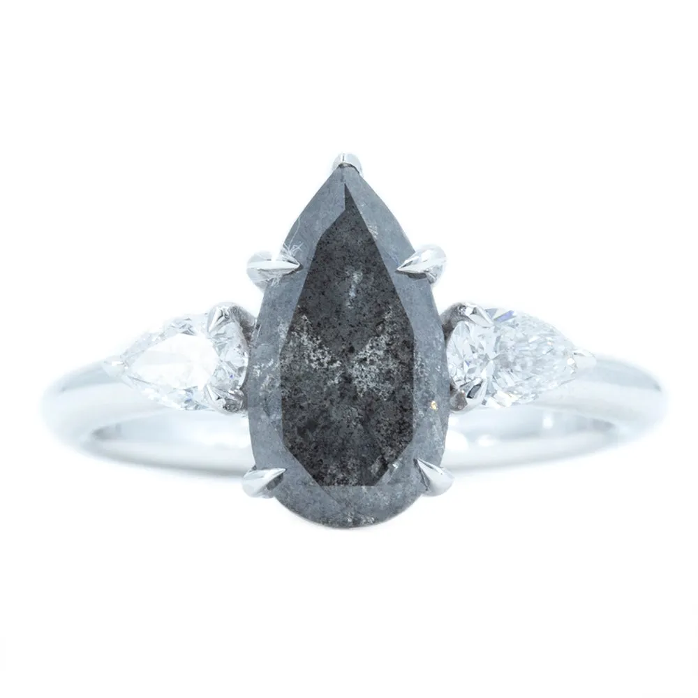 2.10ct Pear Deep Grey Salt And Pepper Diamond Three Stone Ring with White Diamond Sides in 14k White Gold