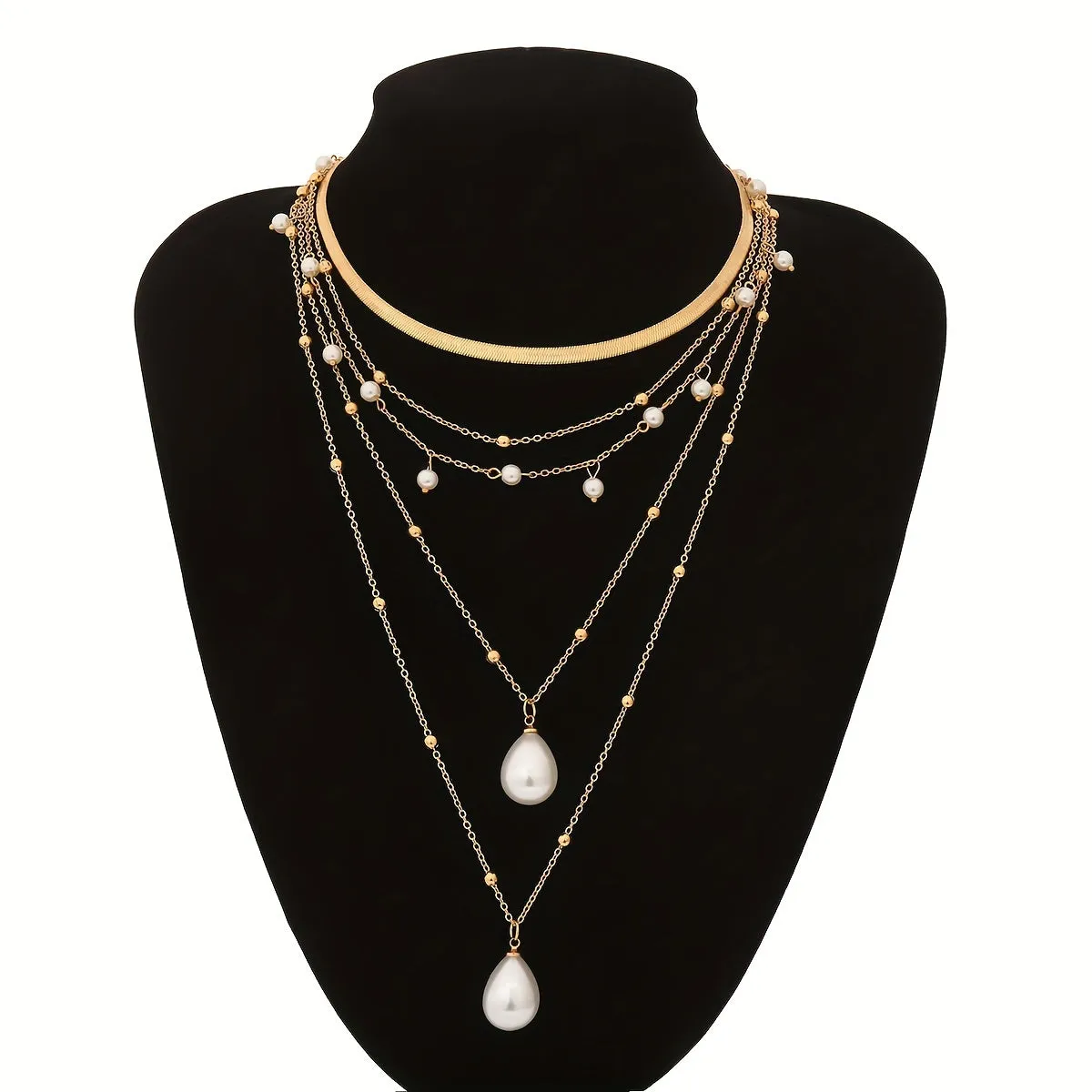 2pcs Multilayer Tassel Faux Pearl Copper Bead Flat Snake Chain Set Necklace