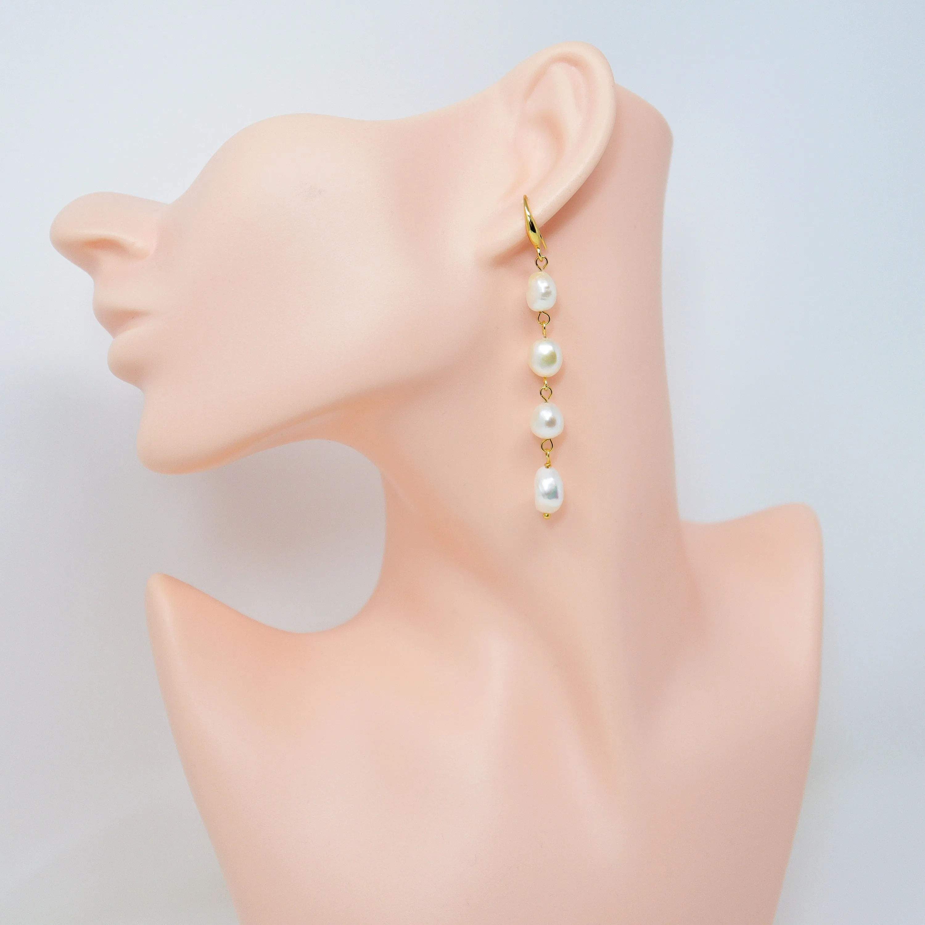 4 Freshwater Cultured pearl Bezel Hook Earrings, Long Bridal Jewelry, Gold Pearl Bridal Earrings, Statement Earrings.