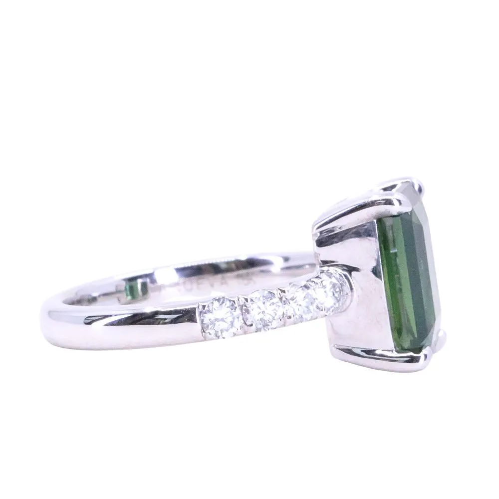 4.26ct Madagascar Radiant Cut Green Sapphire Solitaire Ring with French Set Diamonds in 18k White Gold