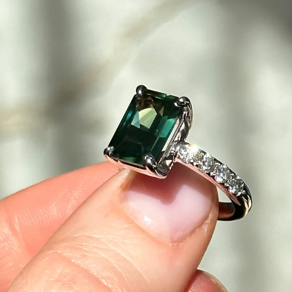 4.26ct Madagascar Radiant Cut Green Sapphire Solitaire Ring with French Set Diamonds in 18k White Gold