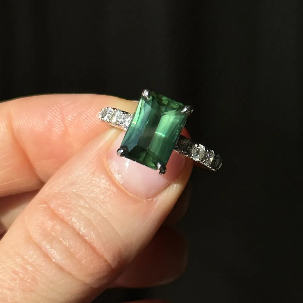 4.26ct Madagascar Radiant Cut Green Sapphire Solitaire Ring with French Set Diamonds in 18k White Gold