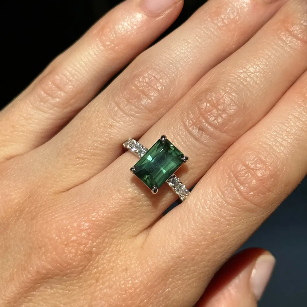 4.26ct Madagascar Radiant Cut Green Sapphire Solitaire Ring with French Set Diamonds in 18k White Gold