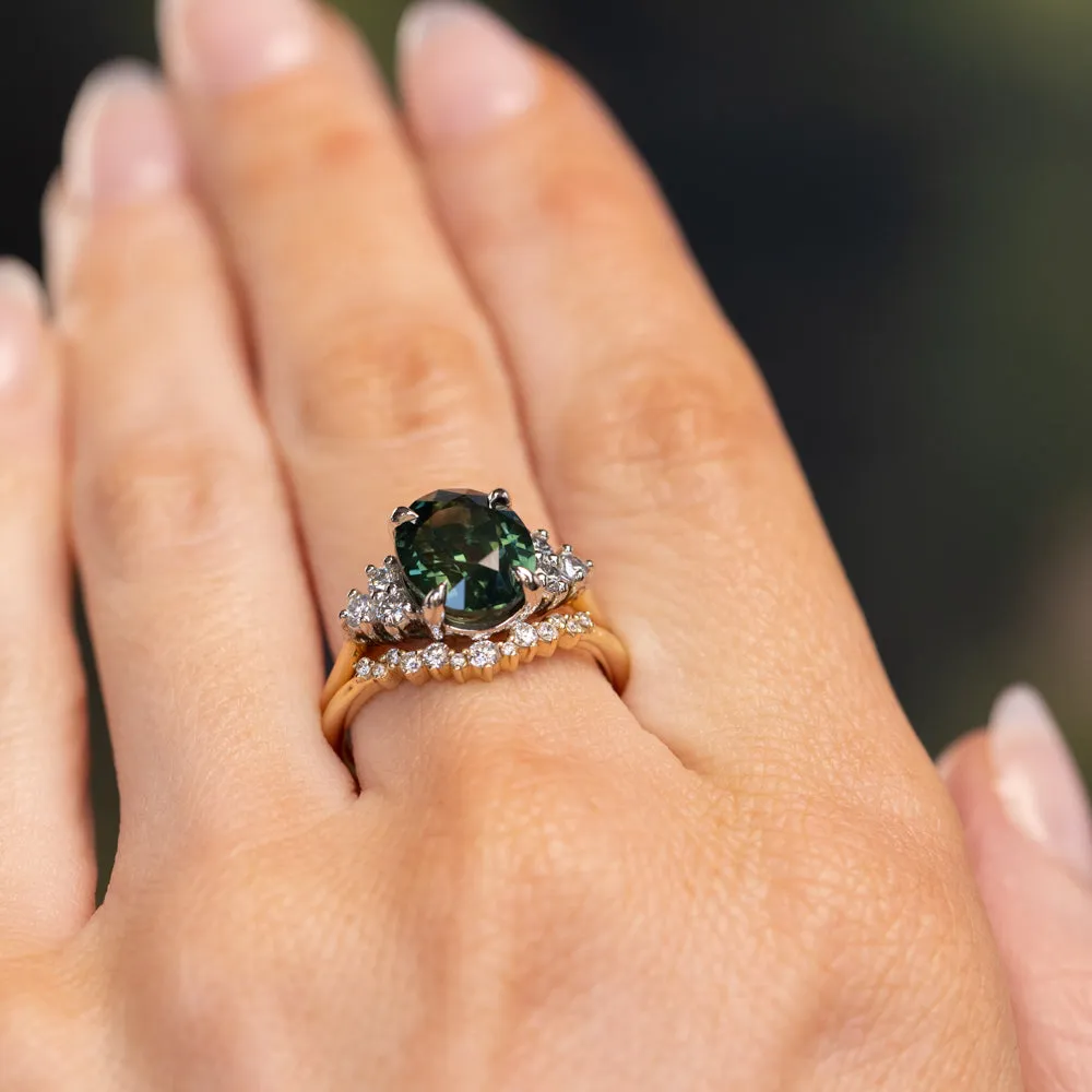 4.68ct Untreated Deep Teal Green Nigerian Oval Sapphire and Diamond Cluster Ring in Two Tone Platinum and 14k Yellow Gold