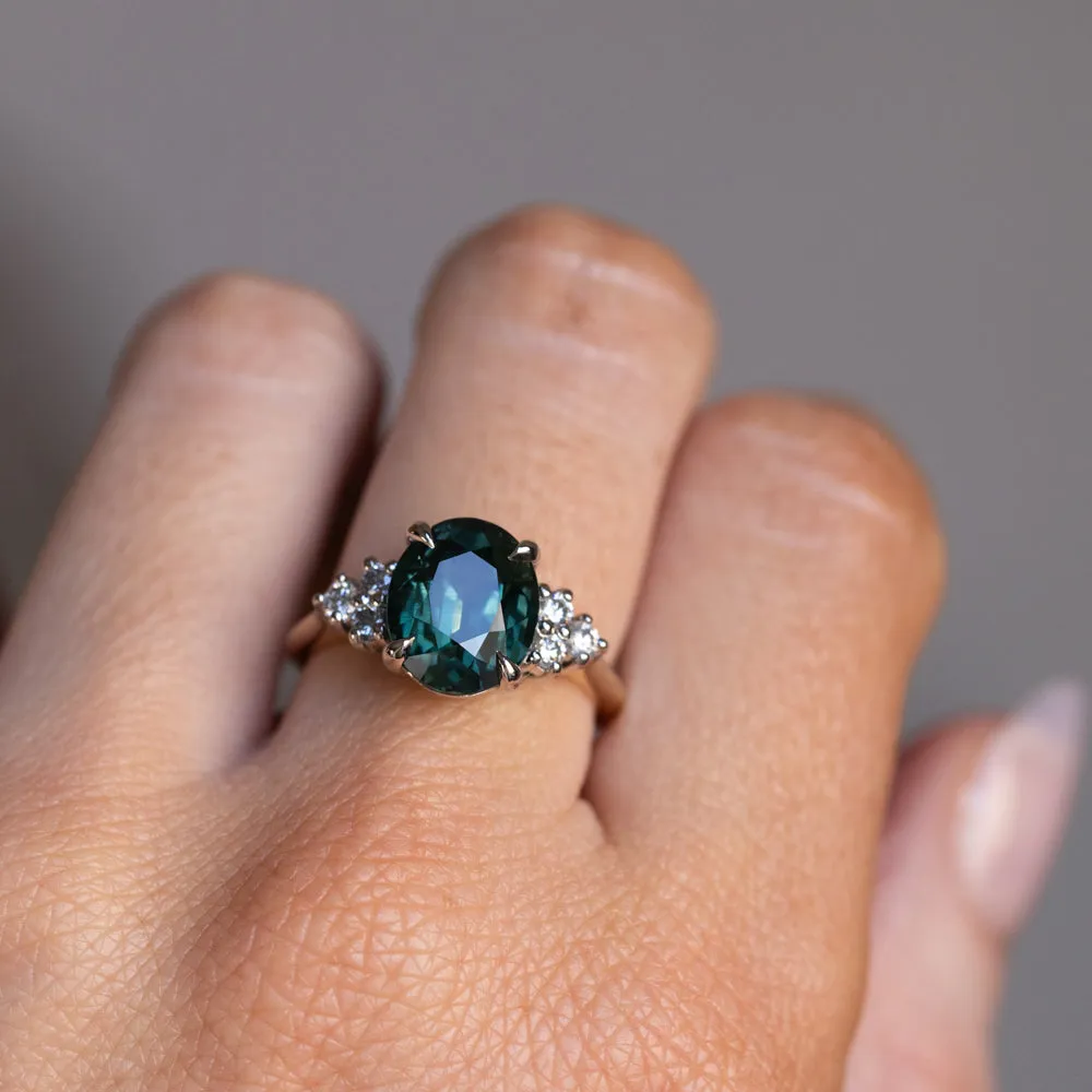 4.68ct Untreated Deep Teal Green Nigerian Oval Sapphire and Diamond Cluster Ring in Two Tone Platinum and 14k Yellow Gold