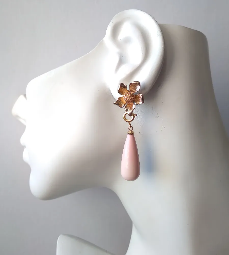 5 Petal Flower Brass Studs with Pink Coral Dangle