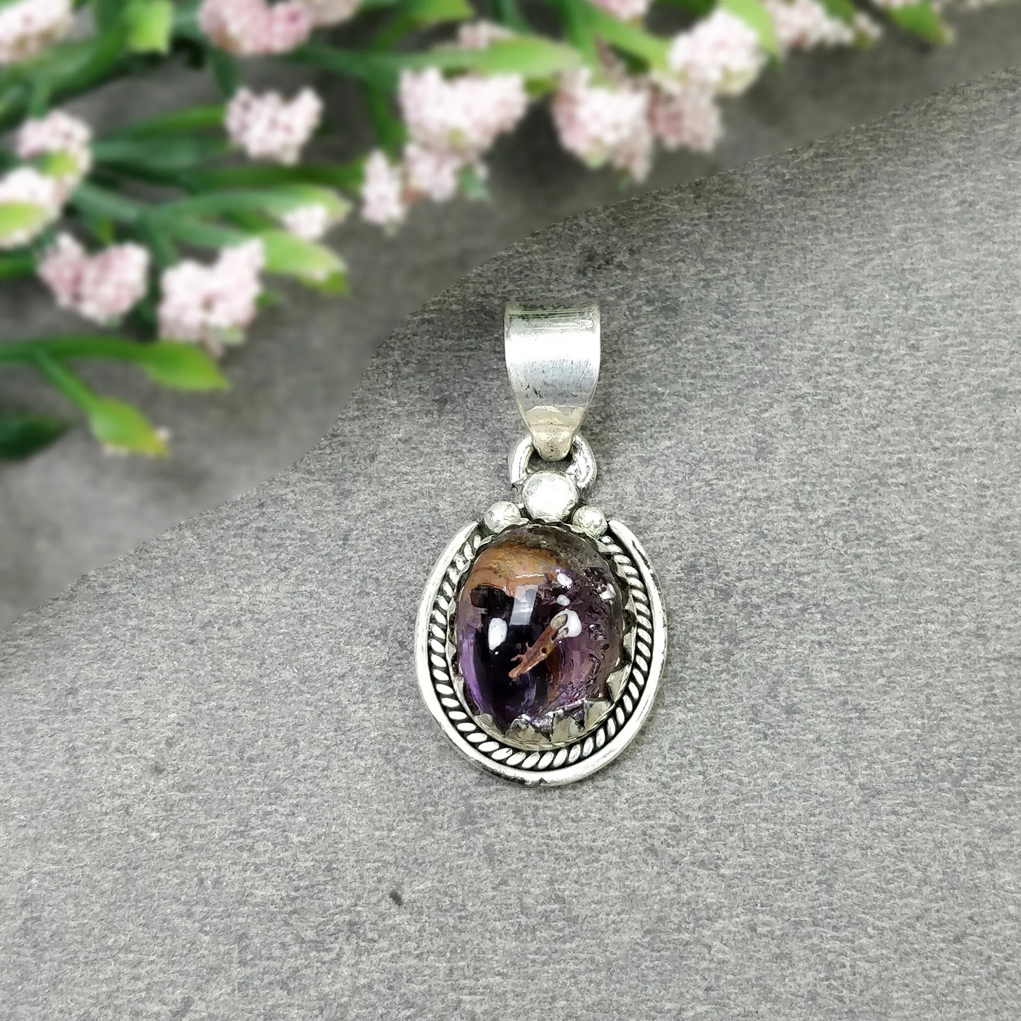 AMETHYST Gemstone 925 Sterling Silver Pendant : 5.490gms Natural Untreated Purple Amethyst Cabochon Bezel Set Pendant 1.25"