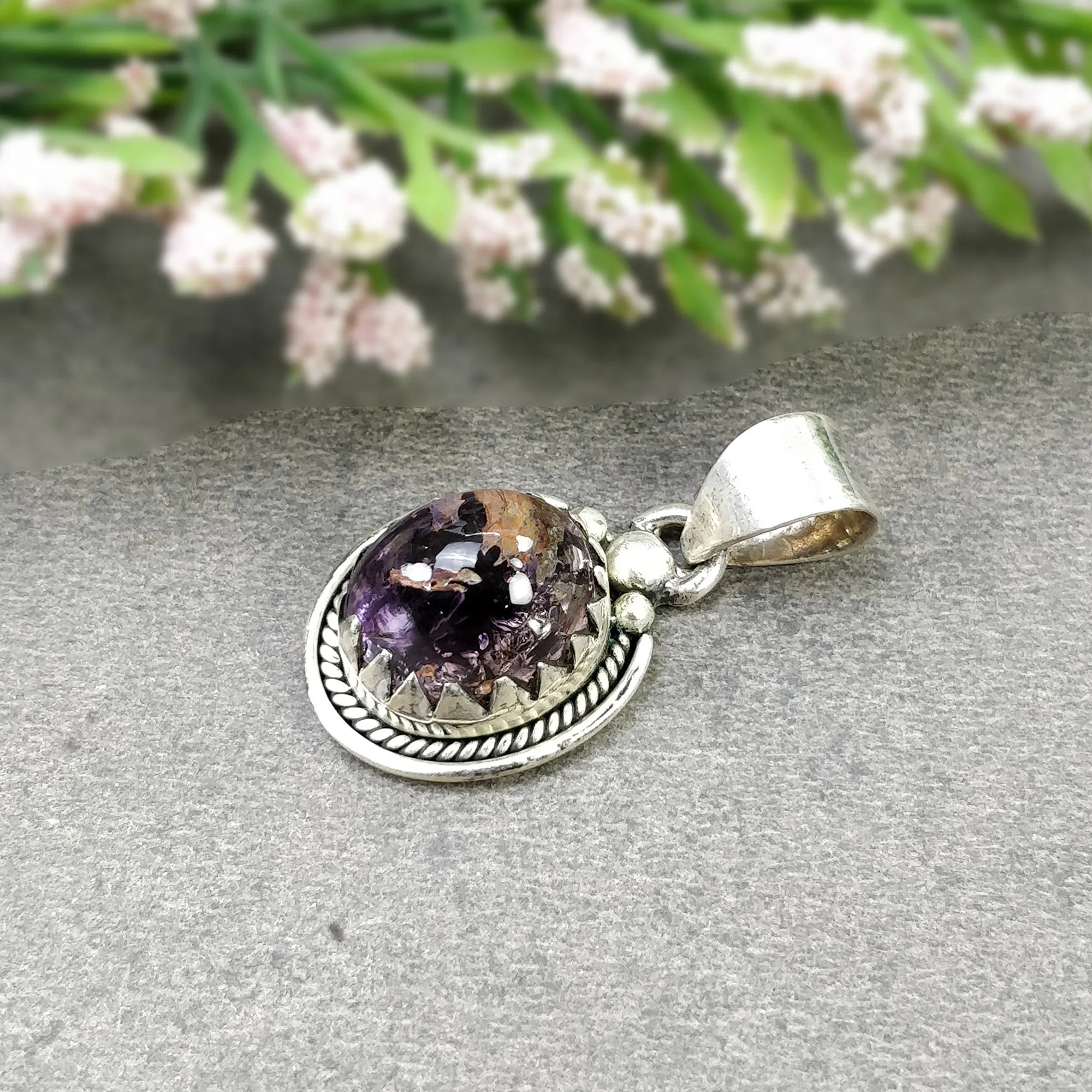 AMETHYST Gemstone 925 Sterling Silver Pendant : 5.490gms Natural Untreated Purple Amethyst Cabochon Bezel Set Pendant 1.25"