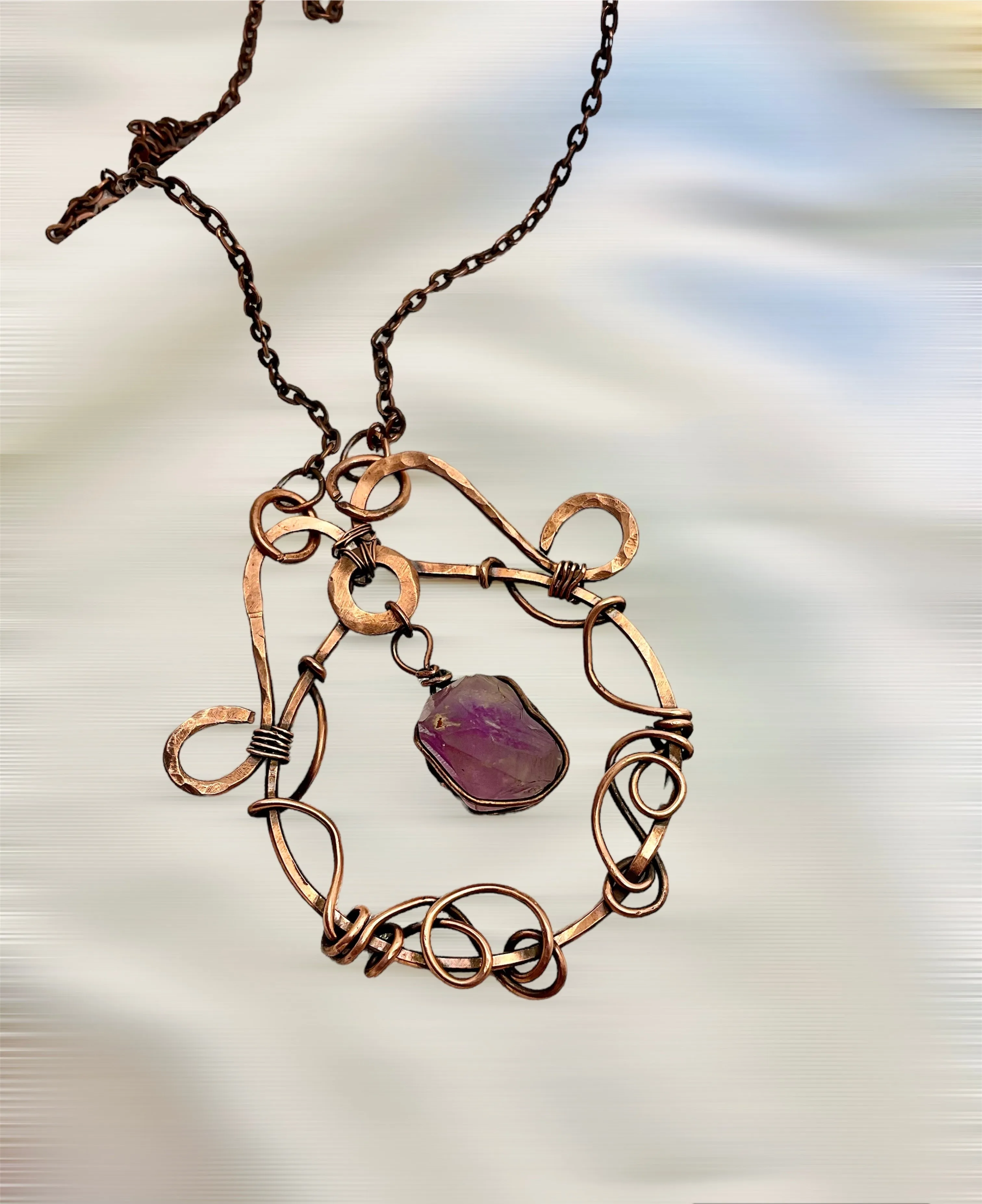 Amethyst in Copper Wire Wrapped Pendant