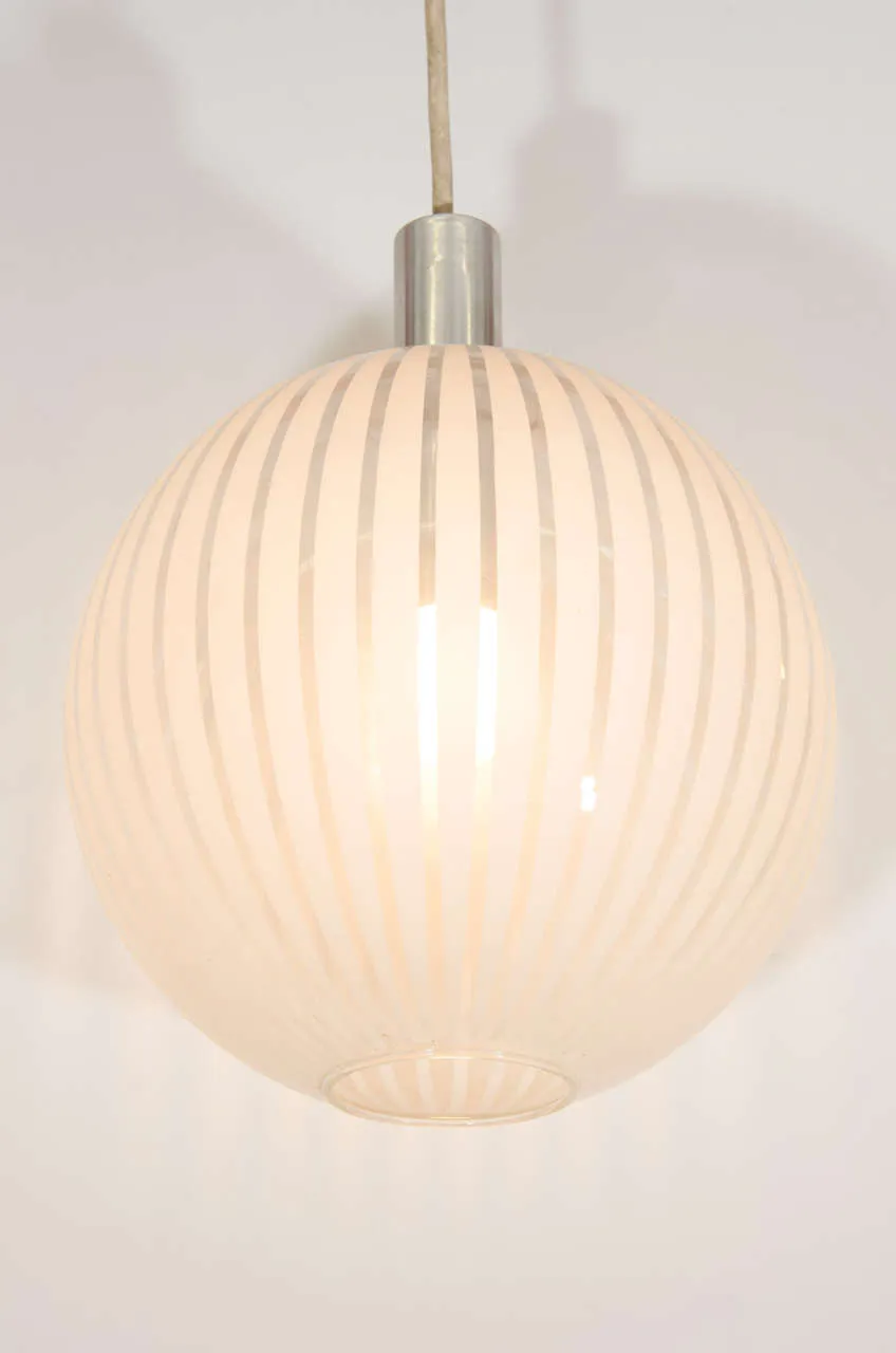 An Italian Clear Glass Globe Pendant with White Stripes